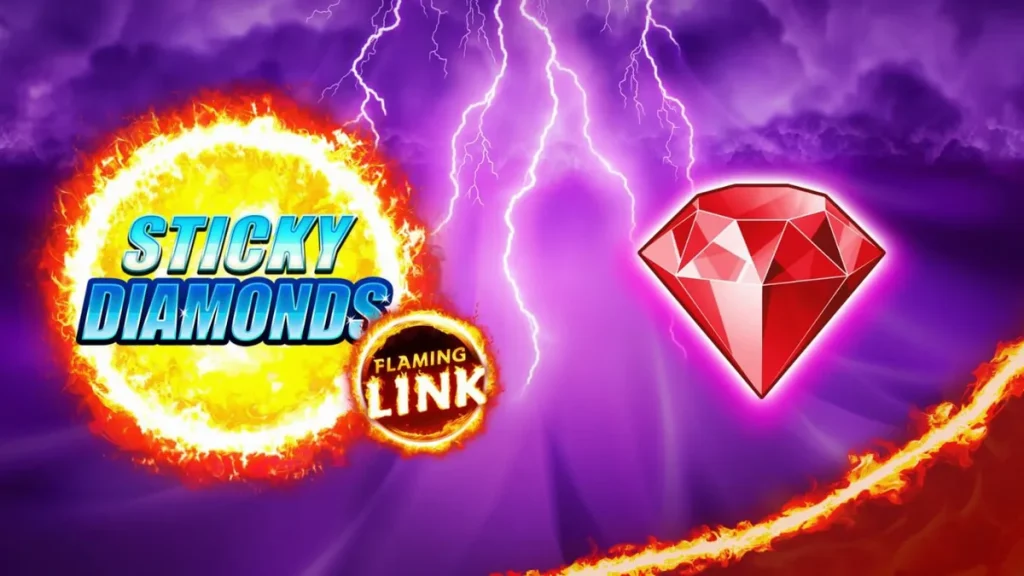 Tampilan antarmuka seluler Sticky Diamonds Flaming Link dengan simbol buah dan berlian