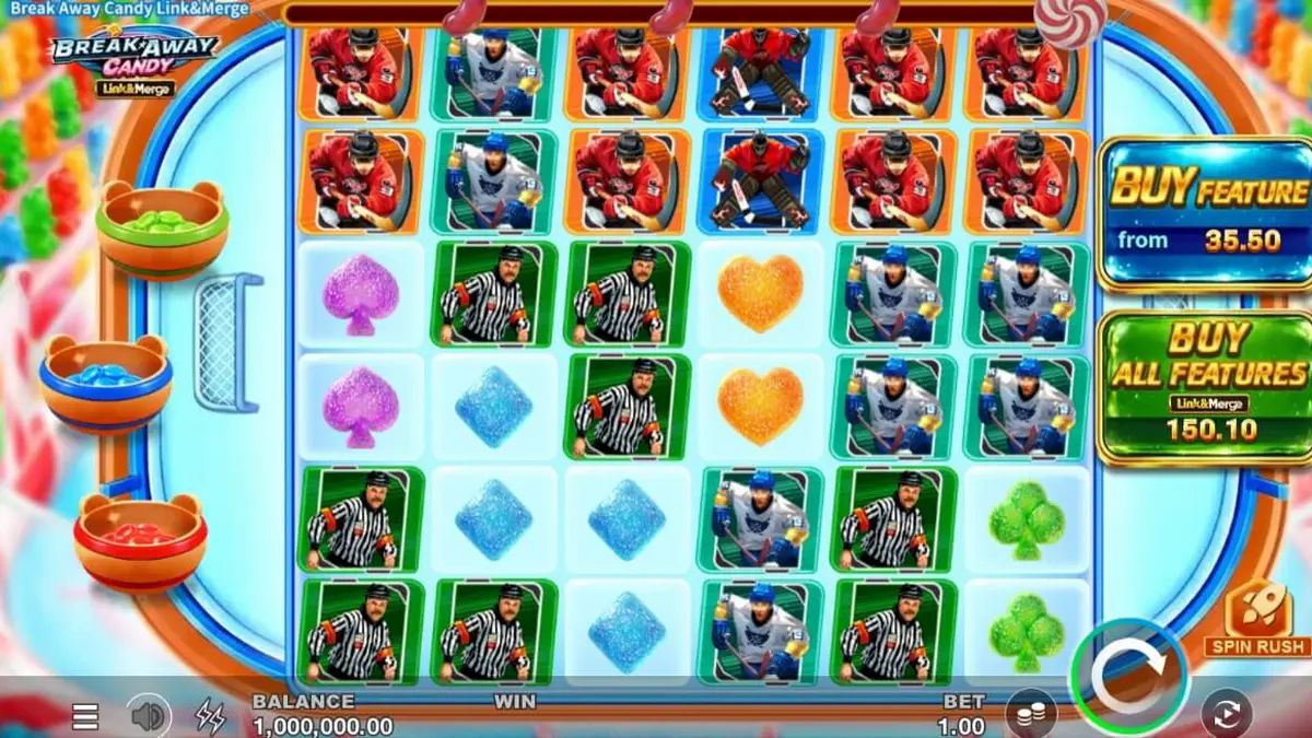 Tampilan antarmuka seluler Break Away Candy Link&Merge dengan tema hoki dan permen