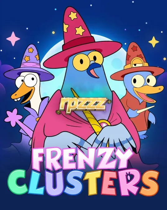 Tampilan antarmuka slot Frenzy Clusters dengan karakter hero dan grid 7x7